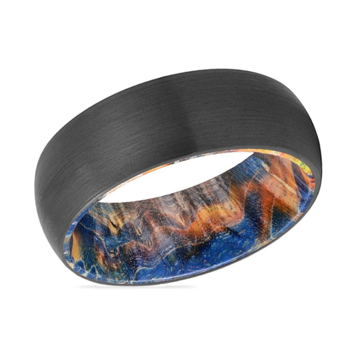 BEVERLY | Blue & Yellow/Orange Wood, Black Tungsten Ring, Brushed, Domed - Rings - Aydins Jewelry