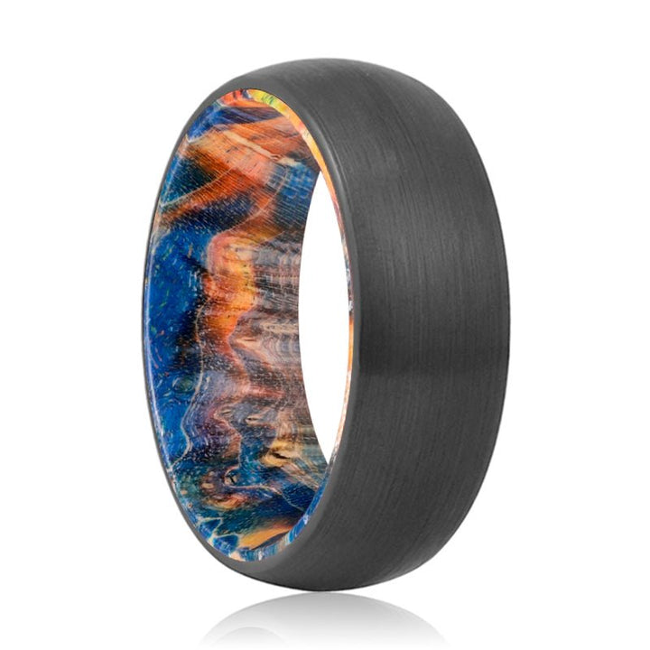BEVERLY | Blue & Yellow/Orange Wood, Black Tungsten Ring, Brushed, Domed - Rings - Aydins Jewelry