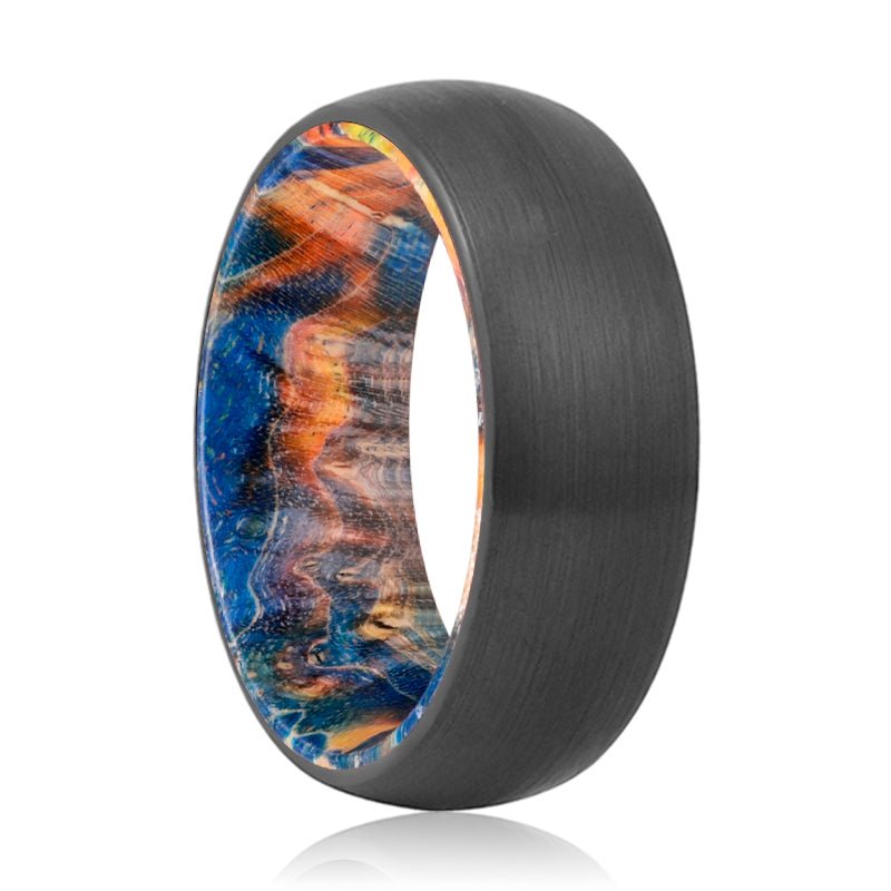BEVERLY | Blue & Yellow/Orange Wood, Black Tungsten Ring, Brushed, Domed - Rings - Aydins Jewelry - 1