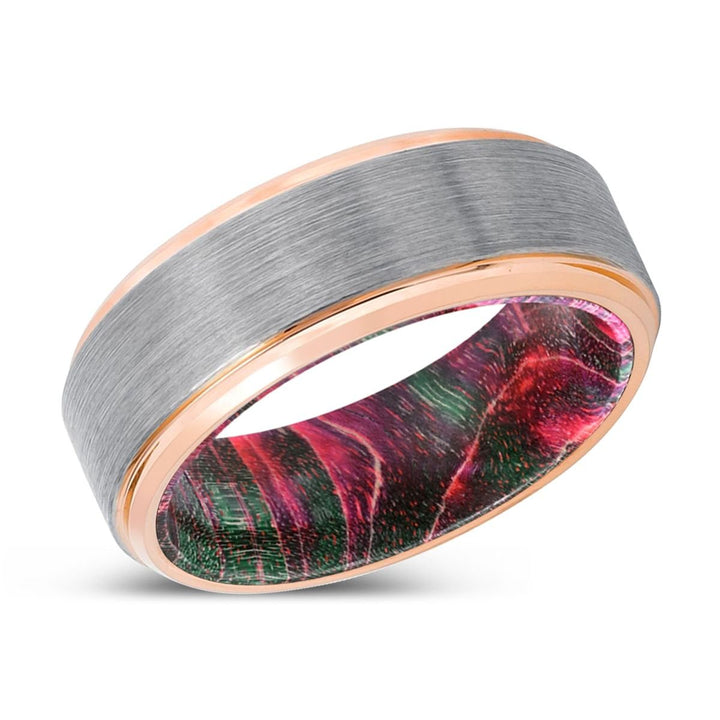 BICKS | Green & Red Wood, Silver Tungsten Ring, Brushed, Rose Gold Stepped Edge - Rings - Aydins Jewelry