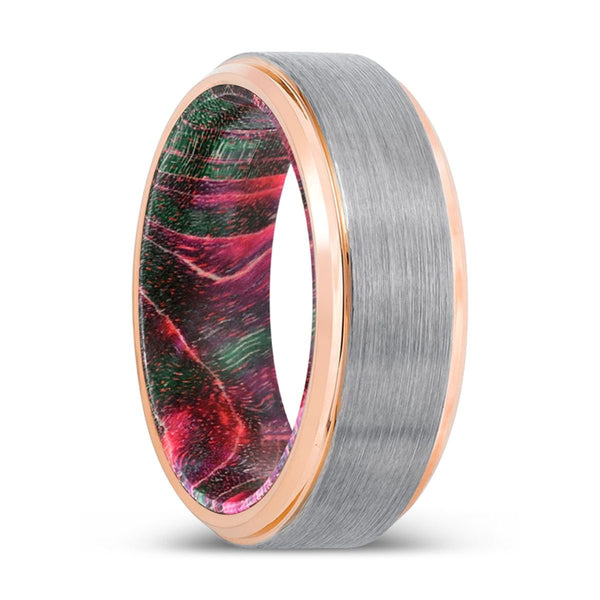 BICKS | Green & Red Wood, Silver Tungsten Ring, Brushed, Rose Gold Stepped Edge - Rings - Aydins Jewelry - 1