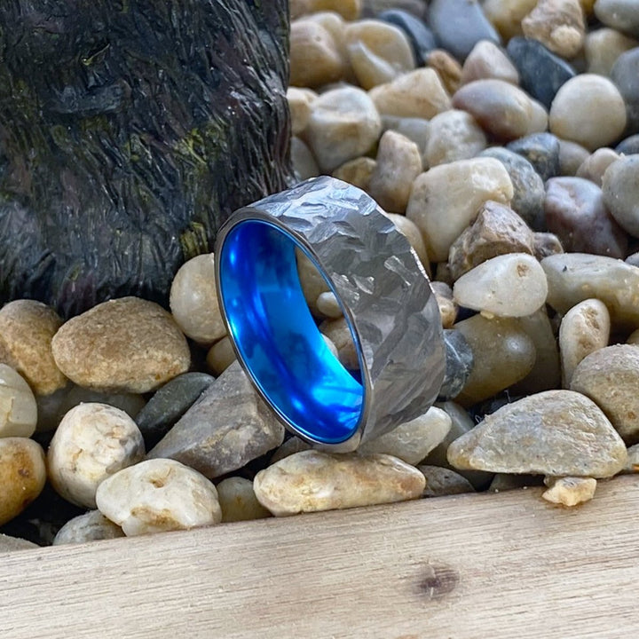 BIGBLUE | Blue Ring, Silver Titanium Ring, Hammered, Flat - Rings - Aydins Jewelry