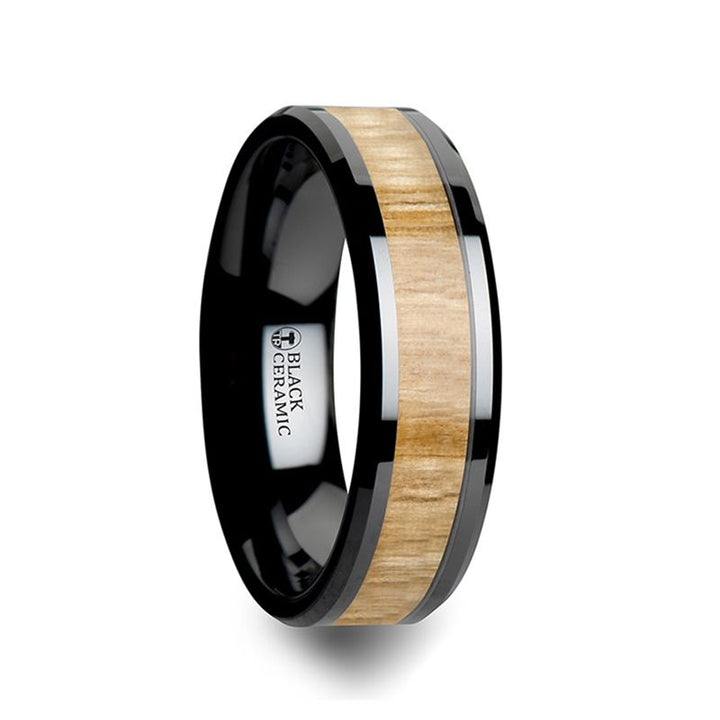 BILTMORE | Black Ceramic Ring, Ash Wood Inlay, Beveled - Rings - Aydins Jewelry - 1