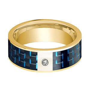 Blue Carbon Fiber inlay 14k yellow gold wedding band 8mm with diamond, side profile