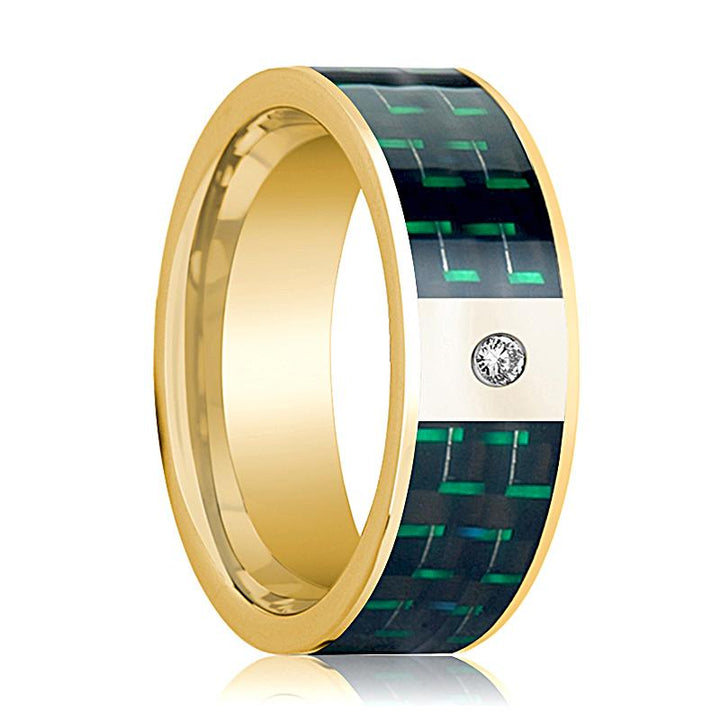 Black and Green Carbon Fiber Inlaid Men's 14k Yellow Gold Wedding Band with Diamond - 8MM