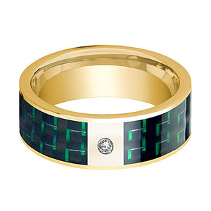Green Carbon Fiber inlay 14k yellow gold wedding band 8mm with diamond, side profile