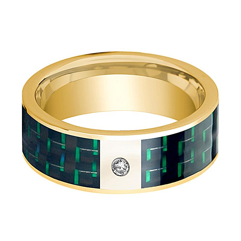 Green Carbon Fiber inlay 14k yellow gold wedding band 8mm with diamond, side profile