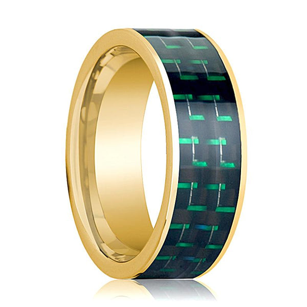 Black and Greene Carbon Fiber Inlaid Flat 14k Yellow Gold Men's Wedding Band Polished - 8MM - Rings - Aydins Jewelry - 1