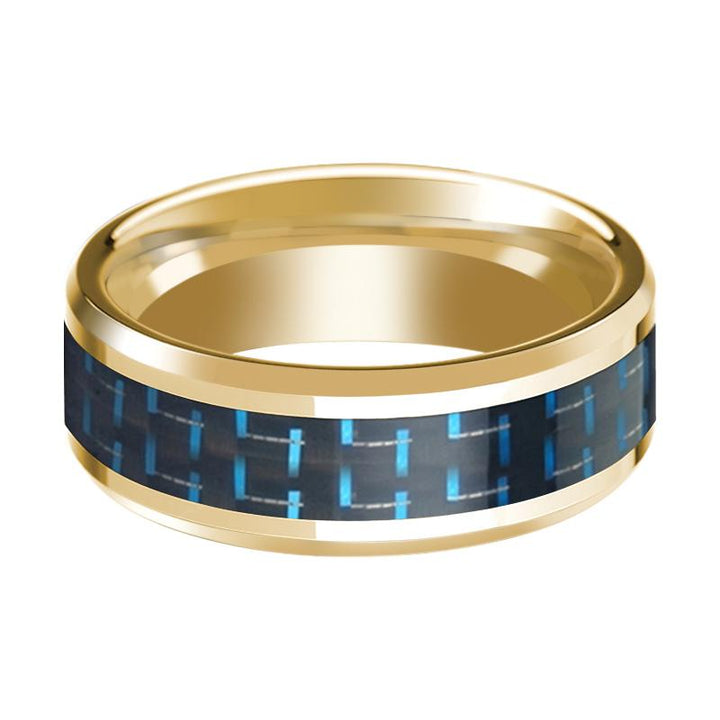 Black & Blue Carbon Fiber Inlaid 14k Yellow Gold Polished Wedding Band with Beveled Edges - 8MM - Rings - Aydins Jewelry