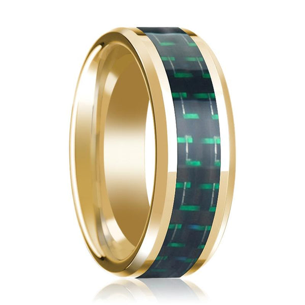 Black & Green Carbon Fiber Inlaid 14k Yellow Gold Polished Wedding Band for Men with Bevels - 8MM - Rings - Aydins_Jewelry