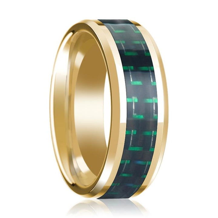 Black & Green Carbon Fiber Inlaid 14k Yellow Gold Polished Wedding Band for Men with Bevels - 8MM