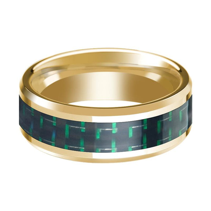 Black & Green Carbon Fiber Inlaid 14k Yellow Gold Polished Wedding Band for Men with Bevels - 8MM