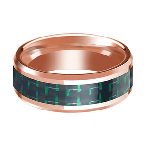 Green Carbon Fiber inlay 14k rose gold wedding band 8mm, side profile
