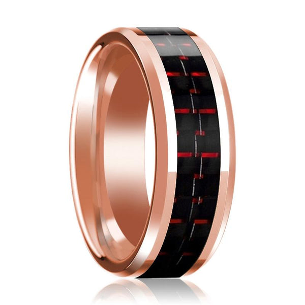 Black & Red Carbon Fiber Inlaid Men's 14k Rose Gold Polished Wedding Band with Beveled Edges - 8MM - Rings - Aydins Jewelry