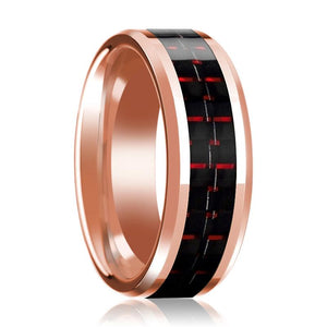 Red Carbon Fiber inlay 14k rose gold wedding band 8mm, top view