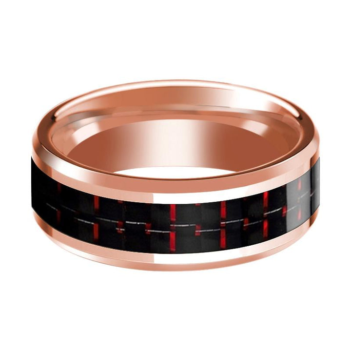 Black & Red Carbon Fiber Inlaid Men's 14k Rose Gold Polished Wedding Band with Beveled Edges - 8MM - Rings - Aydins Jewelry