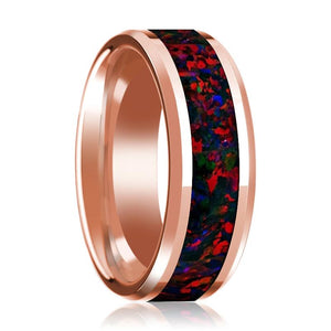 Red Opal inlay 14k rose gold wedding band 8mm, top view