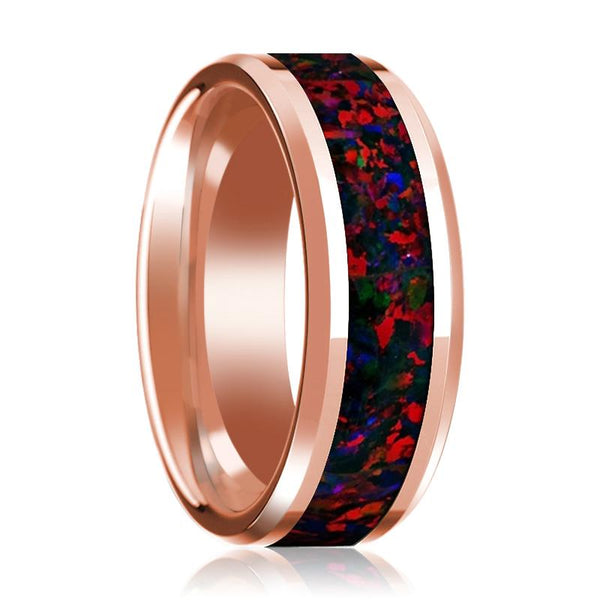 Black & Red Opal Inlaid 14k Rose Gold Polished Wedding Band for Men with Beveled Edges - 8MM - Rings - Aydins Jewelry - 1