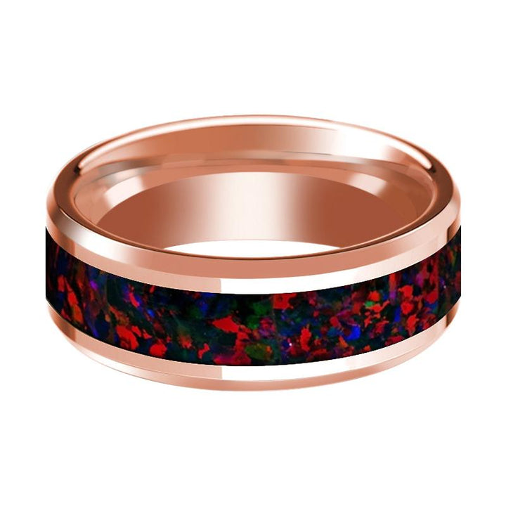 Black & Red Opal Inlaid 14k Rose Gold Polished Wedding Band for Men with Beveled Edges - 8MM