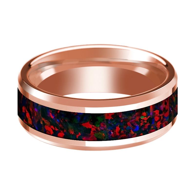 Red Opal inlay 14k rose gold wedding band 8mm, side profile
