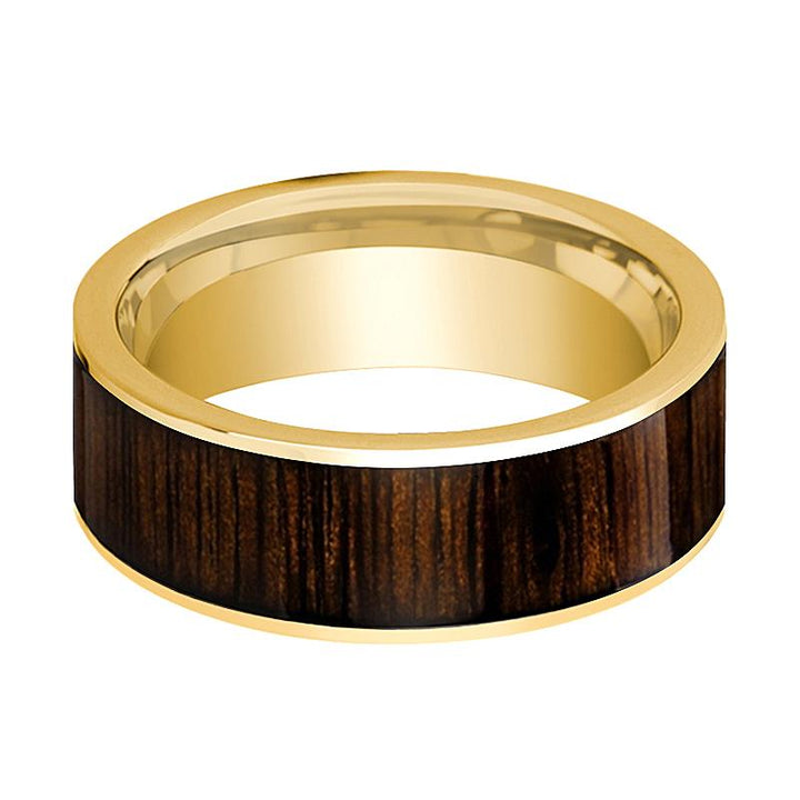 Black Walnut Wood Inlaid Men's 14k Yellow Gold Flat Wedding Band Polished Finish - 8MM - Rings - Aydins Jewelry