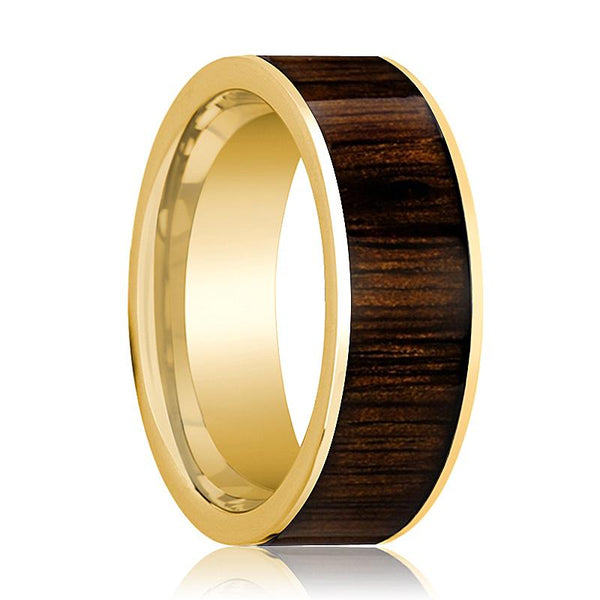 Black Walnut Wood Inlaid Men's 14k Yellow Gold Flat Wedding Band Polished Finish - 8MM - Rings - Aydins Jewelry - 1