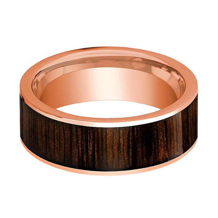 Black Walnut Wood Inlay Men's 14k Rose Gold Wedding Band Flat Polished - 8MM - Rings - Aydins Jewelry - 2