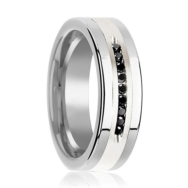 BLACKSTONE | Silver Tungsten Ring, Sterling Inlay, Black Diamonds, Flat
