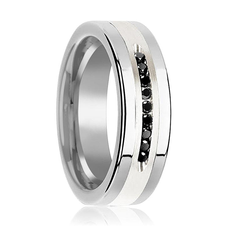 BLACKSTONE | Silver Tungsten Ring, Sterling Inlay, Black Diamonds, Flat - Rings - Aydins Jewelry - 1