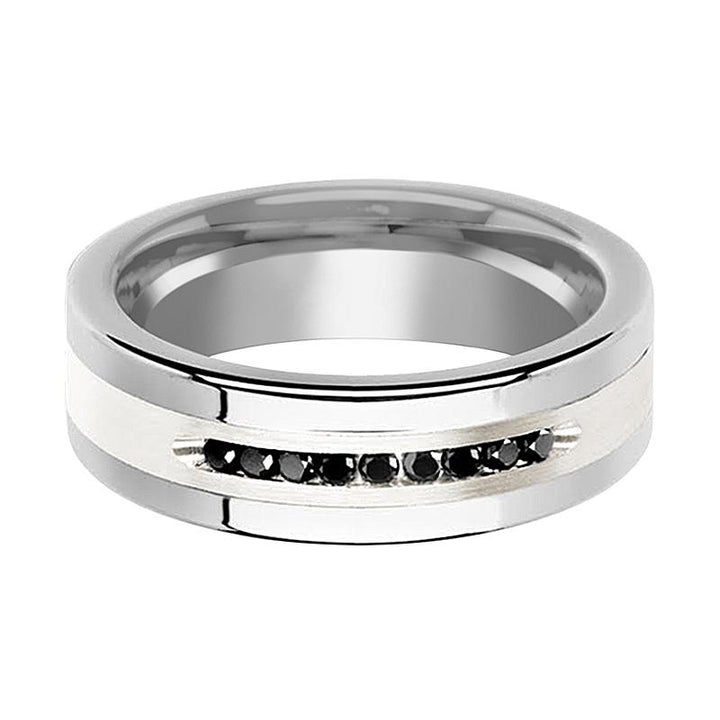 BLACKSTONE | Silver Tungsten Ring, Sterling Inlay, Black Diamonds, Flat - Rings - Aydins Jewelry - 2
