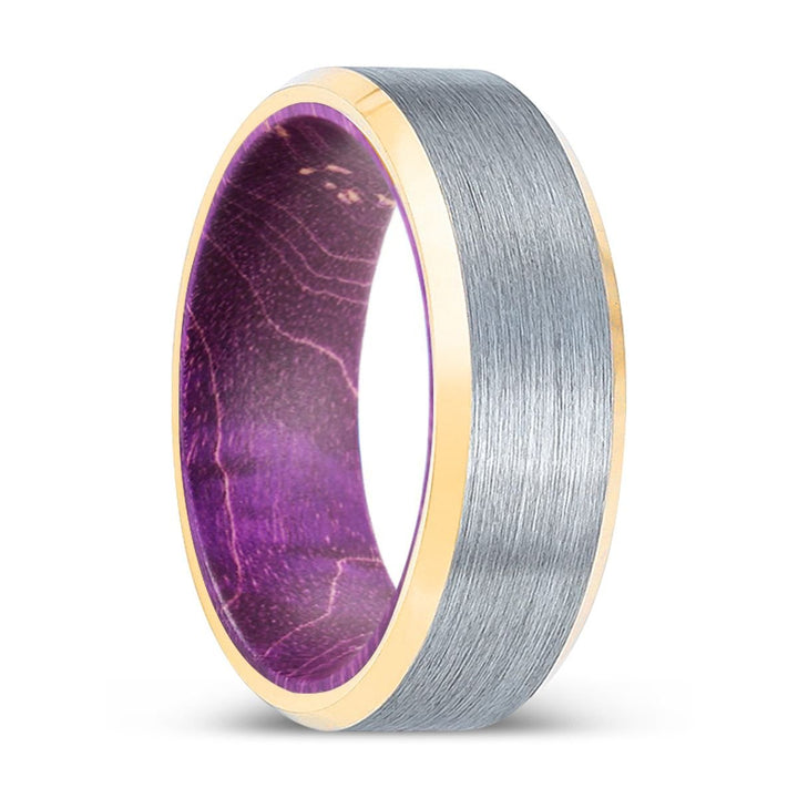 BLANDLARCH | Purple Wood, Brushed, Silver Tungsten Ring, Gold Beveled Edges - Rings - Aydins Jewelry - 1