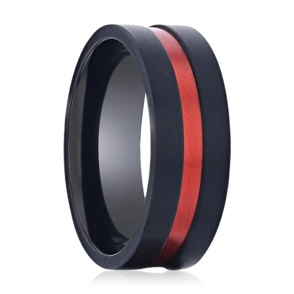 BLAZE | Black Titanium Ring, Red Groove, Flat - Rings - Aydins Jewelry