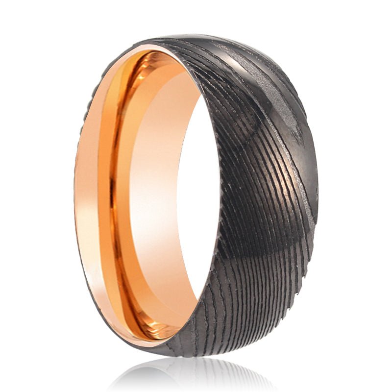BLAZING | Rose Gold Ring, Gunmetal Damascus Steel Ring, Domed - Rings - Aydins Jewelry