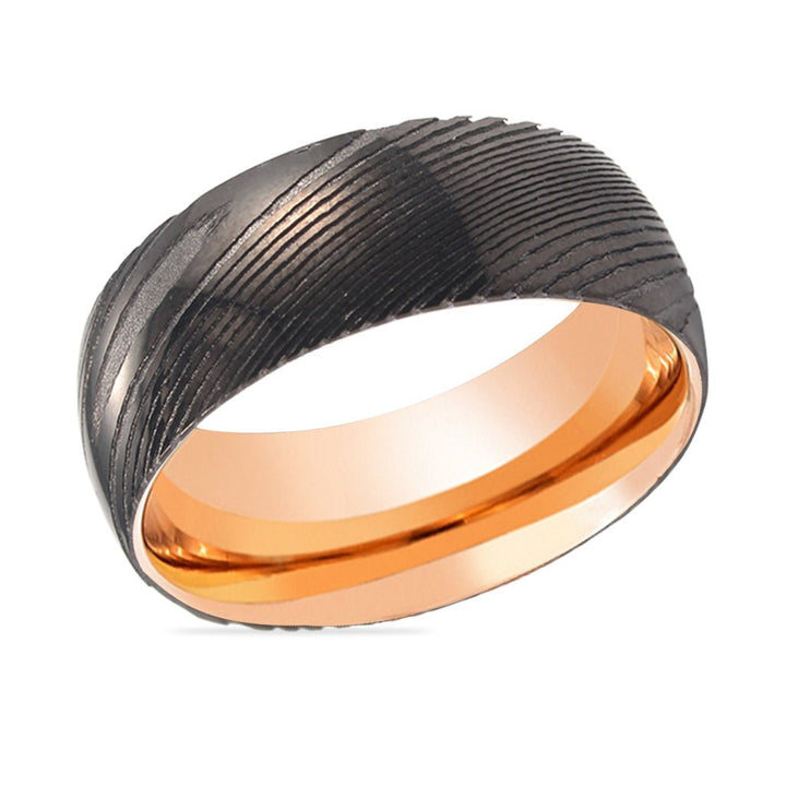 BLAZING | Rose Gold Ring, Gunmetal Damascus Steel Ring, Domed - Rings - Aydins Jewelry - 2