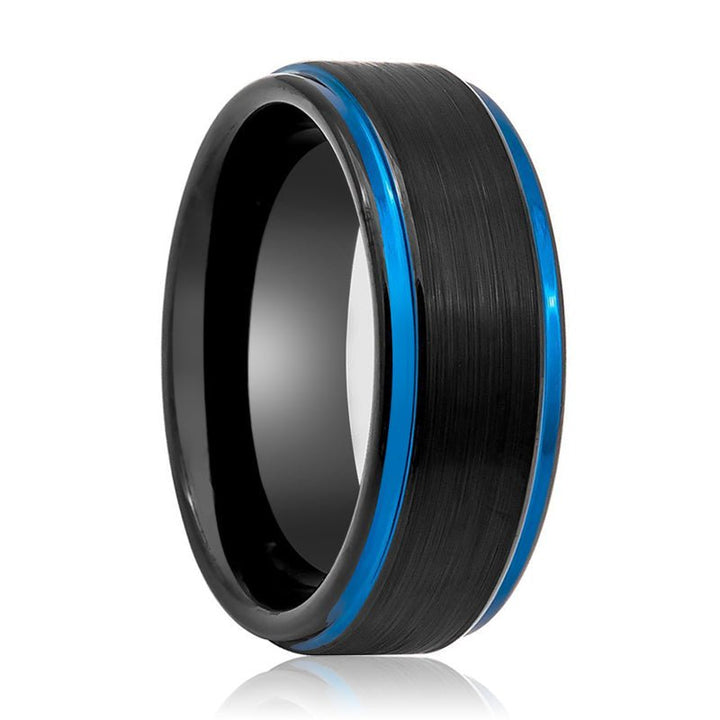 BLIGHT | Black Tungsten Ring, Blue Edges, Stepped Edge - Rings - Aydins Jewelry - 1