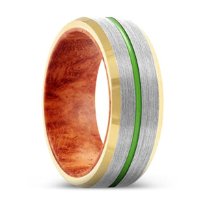 BLISS | Red Burl Wood, Silver Tungsten Ring, Green Groove, Gold Beveled Edge - Rings - Aydins Jewelry - 1