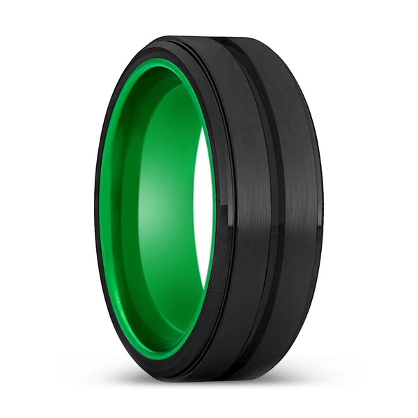 BLITZ | Green Ring, Black Tungsten Ring, Grooved, Stepped Edge