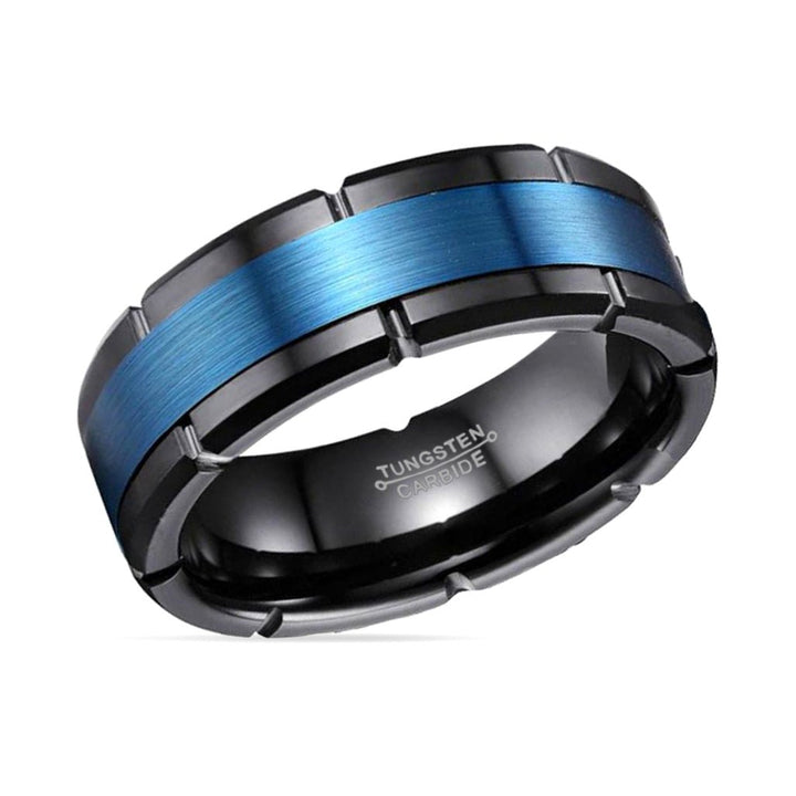 BLIZZARD | Black Tungsten Ring, Blue Brushed Stripe, Notches, Flat - Rings - Aydins Jewelry - 3