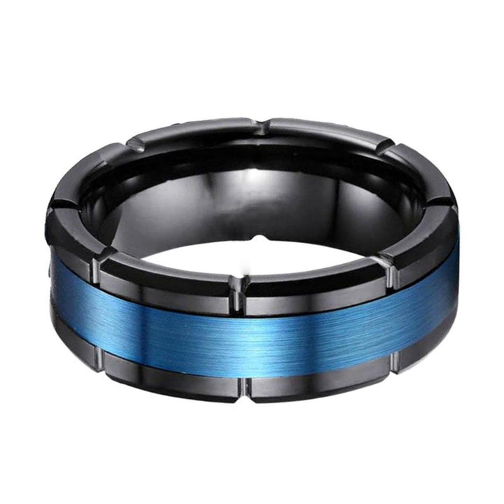 BLIZZARD | Black Tungsten Ring, Blue Brushed Stripe, Notches, Flat - Rings - Aydins Jewelry - 2