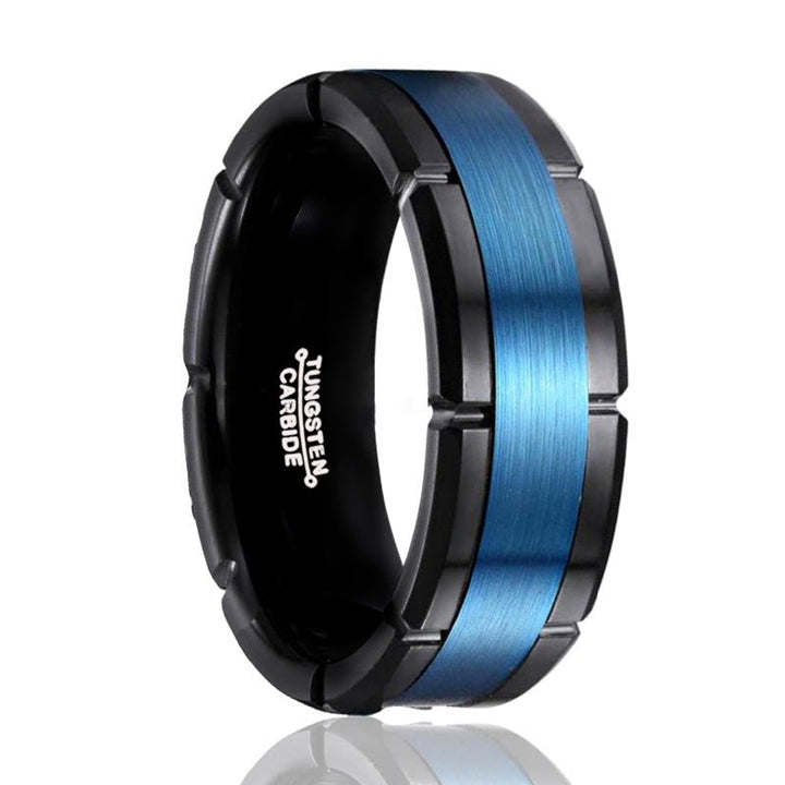 BLIZZARD | Black Tungsten Ring, Blue Brushed Stripe, Notches, Flat - Rings - Aydins Jewelry - 1