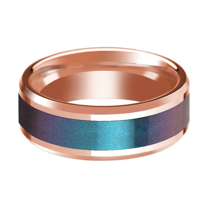 Blue and Purple Color Changing Inlaid 14k Rose Gold Wedding band for Men with Beveled Edges Polished Finish - 8MM - Rings - Aydins Jewelry