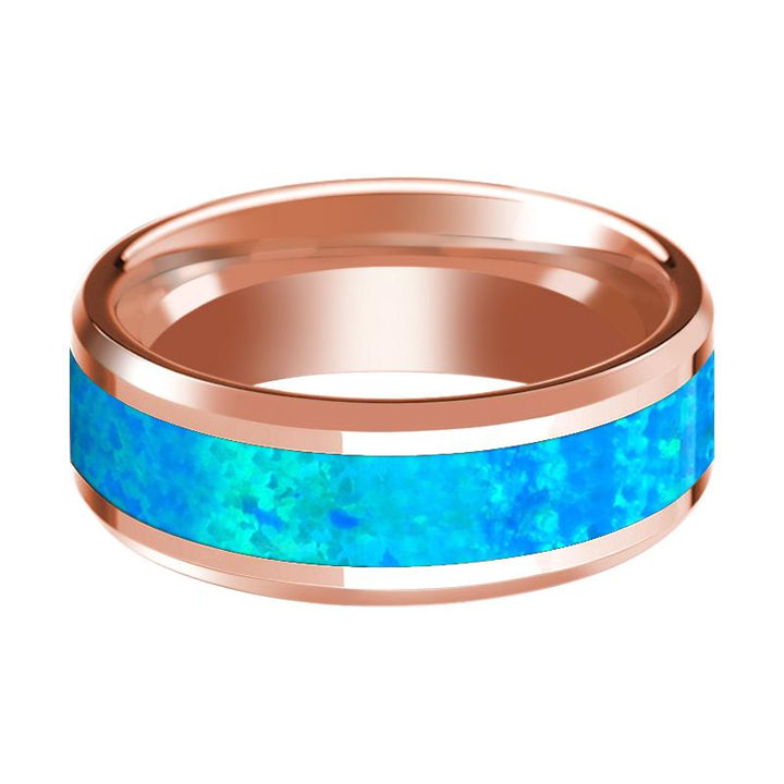 Blue Opal Inlaid Men's 14k Rose Gold Polished Wedding Band with Bevels - 8MM - Rings - Aydins Jewelry - 2