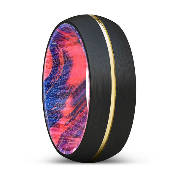 BLUEGHOST | Blue & Red Wood, Black Tungsten Ring, Gold Groove, Domed - Rings - Aydins Jewelry - 1