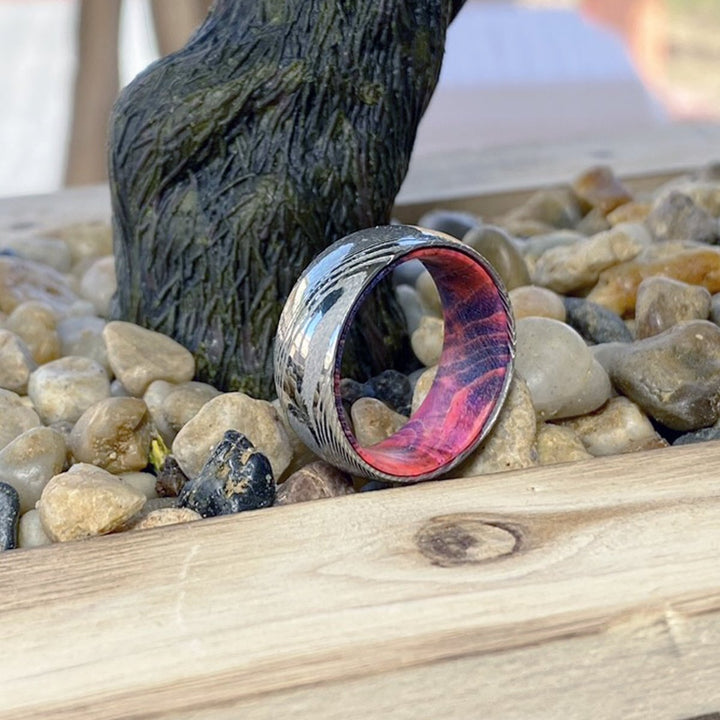 BLUEHAWK | Blue and Red Wood, Silver Damascus Steel, Domed - Rings - Aydins Jewelry