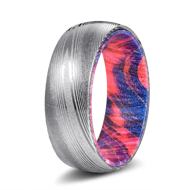 BLUEHAWK | Blue and Red Wood, Silver Damascus Steel, Domed - Rings - Aydins Jewelry - 2