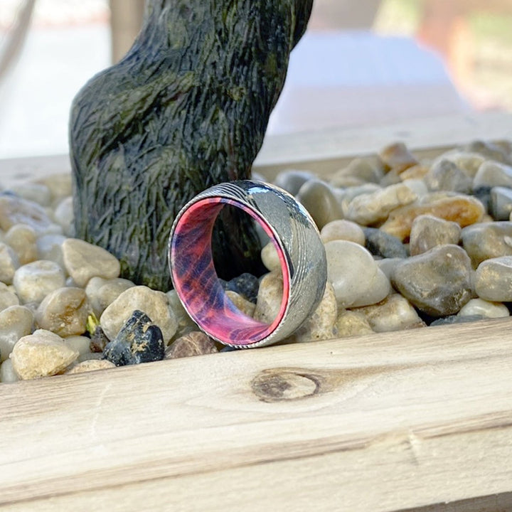 BLUEHAWK | Blue and Red Wood, Silver Damascus Steel, Domed - Rings - Aydins Jewelry - 7