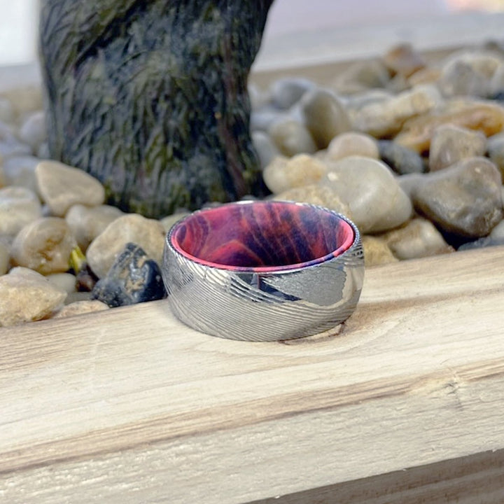 BLUEHAWK | Blue and Red Wood, Silver Damascus Steel, Domed - Rings - Aydins Jewelry - 6