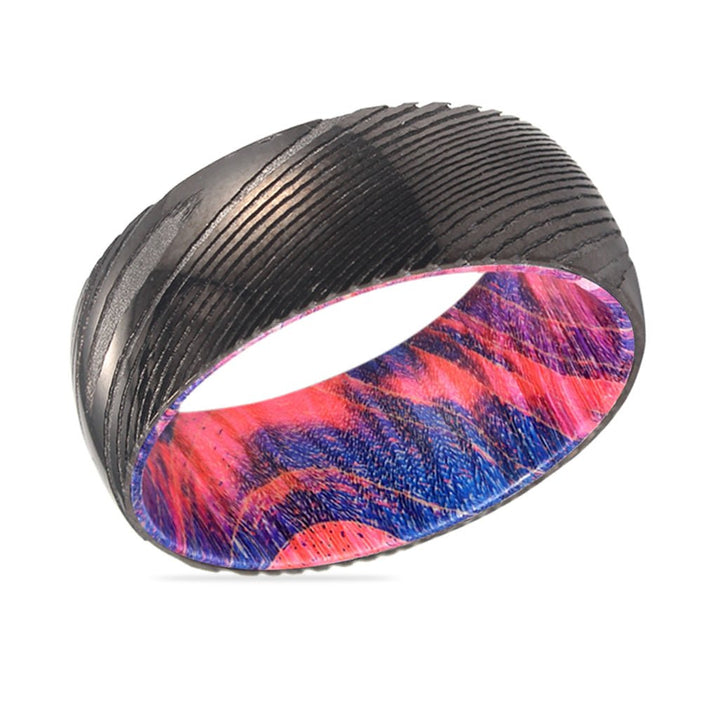 BLUEJAY | Blue & Red Wood, Gunmetal Damascus Steel Ring, Domed - Rings - Aydins Jewelry