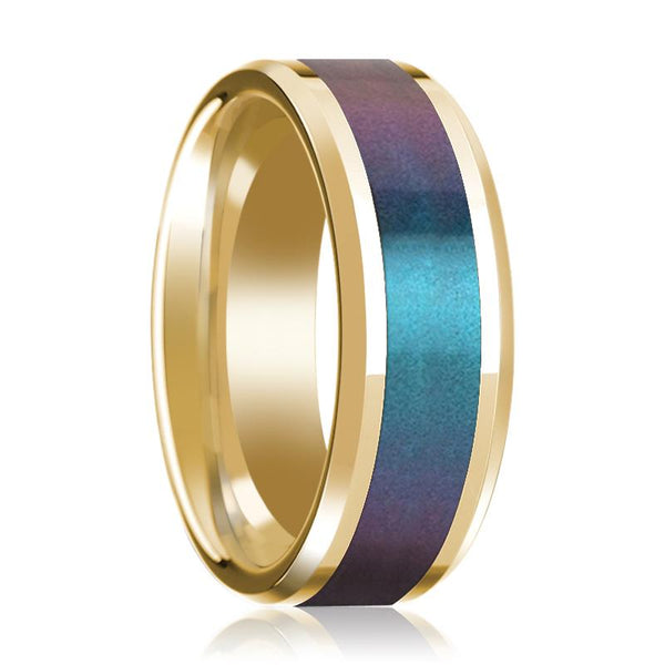 Blue/Purple Color Changing Inlaid Men's 14k Yellow Gold Polished Wedding Band with Beveled Edges - 8MM - Rings - Aydins_Jewelry