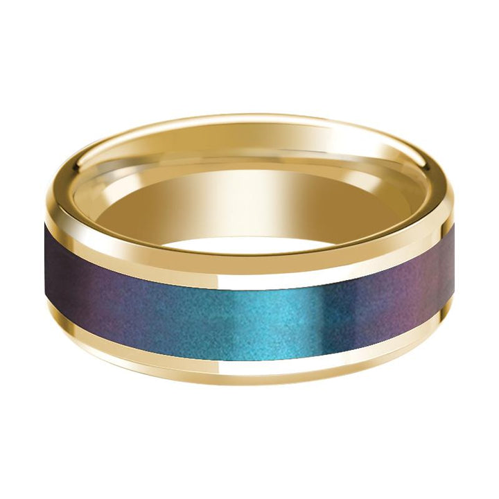 Blue/Purple Color Changing Inlaid Men's 14k Yellow Gold Polished Wedding Band with Beveled Edges - 8MM - Rings - Aydins Jewelry - 2